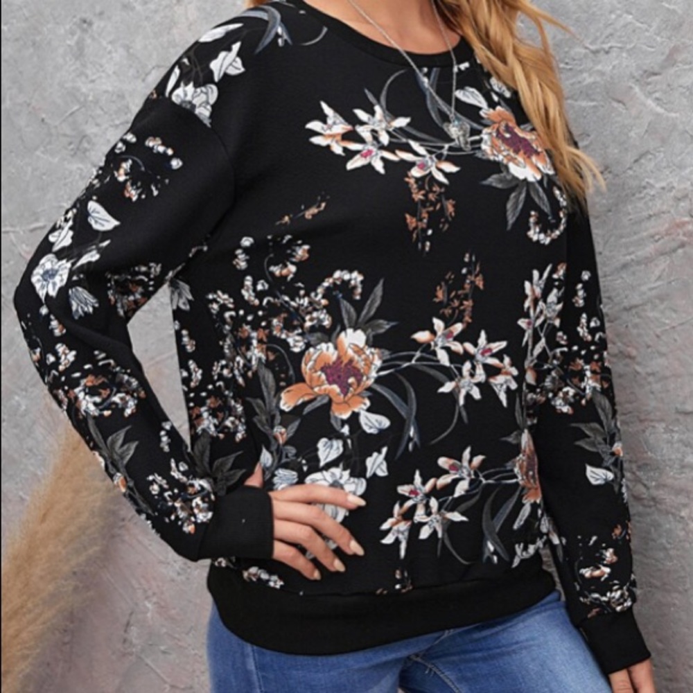 Boho Black Floral Multicolor Loose Fit Sweatshirt - Picture 5 of 7